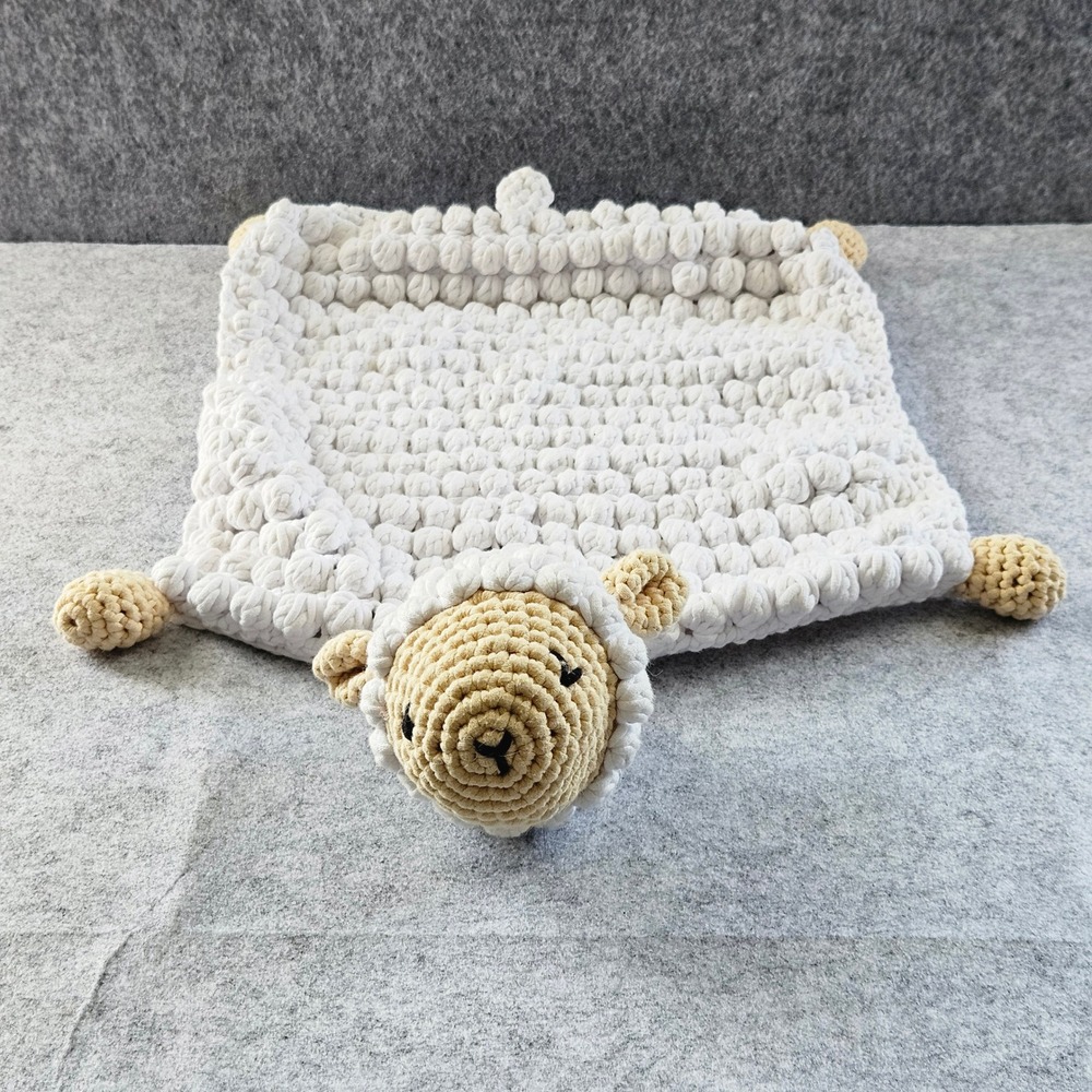 Handmade Crochet Lamb Lovey Baby Security Blanket White Tan Bobble Stitch 14x14